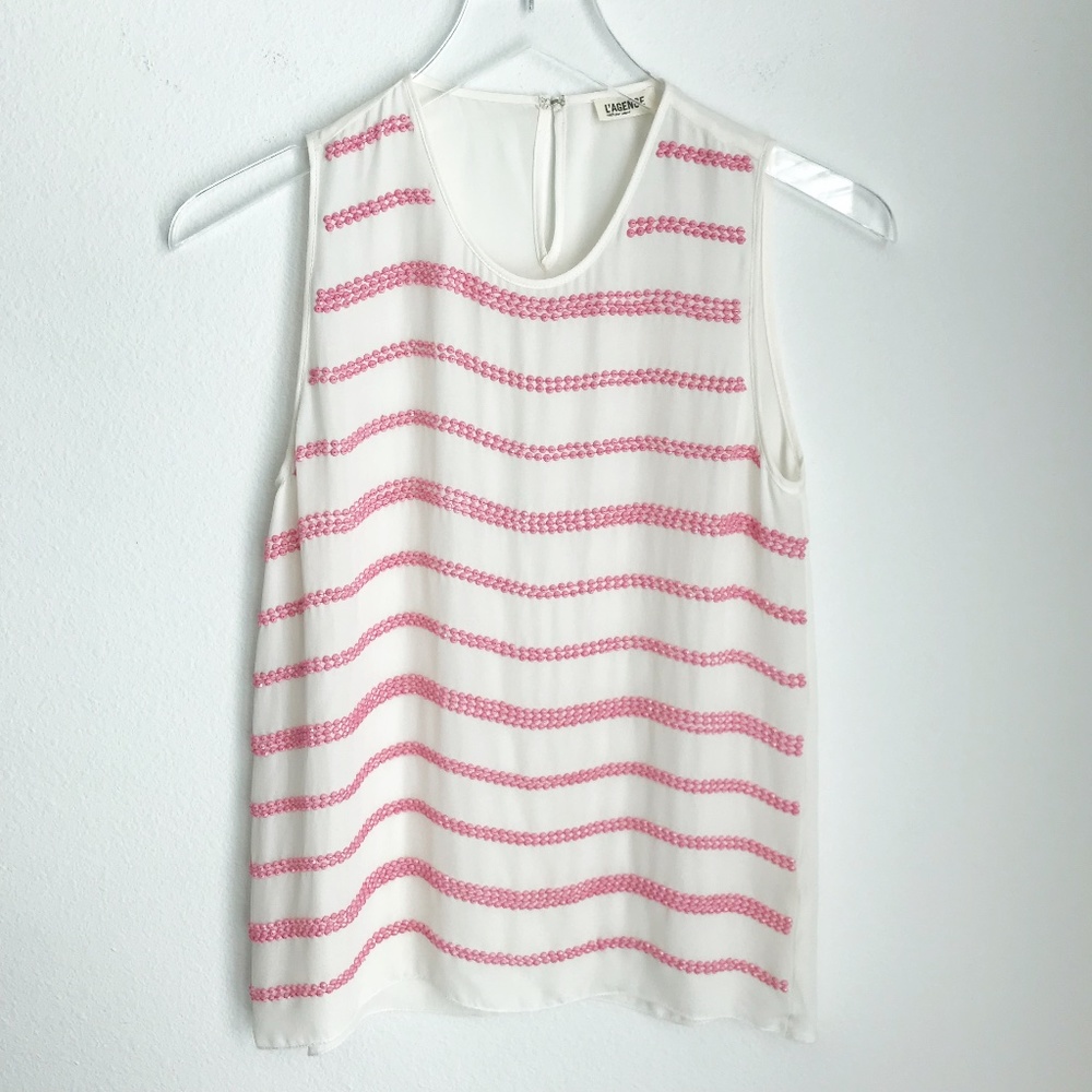 L' Agence 100% Silk Beaded Sleeveless Tank Top Size 0 Ivory Pink Round Neck
